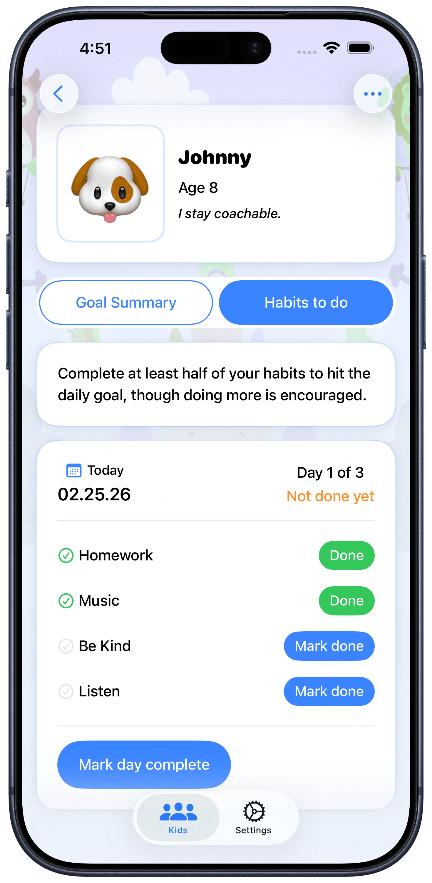 Kidmet daily habits tracking screen