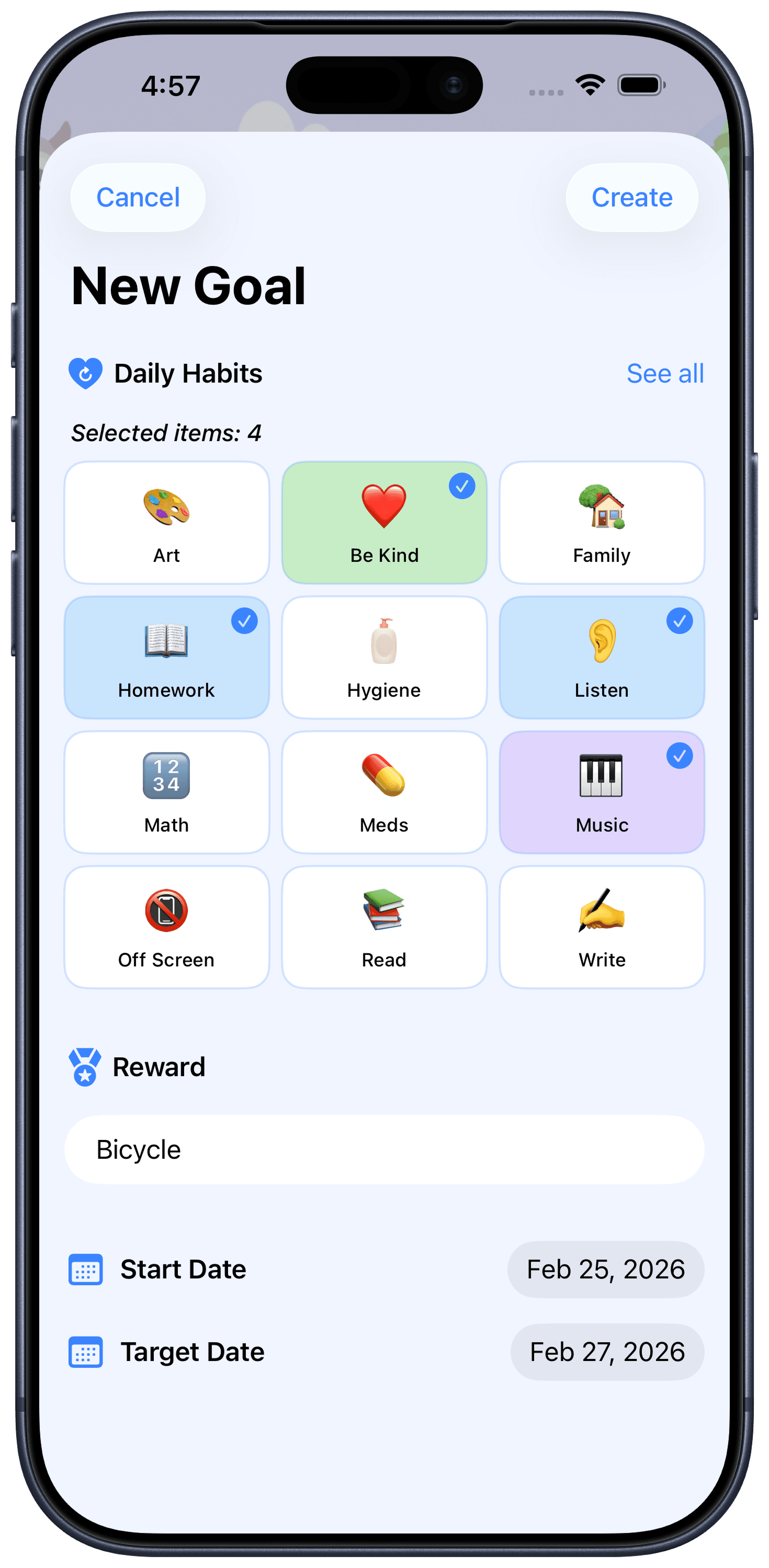 Kidmet goals overview screen