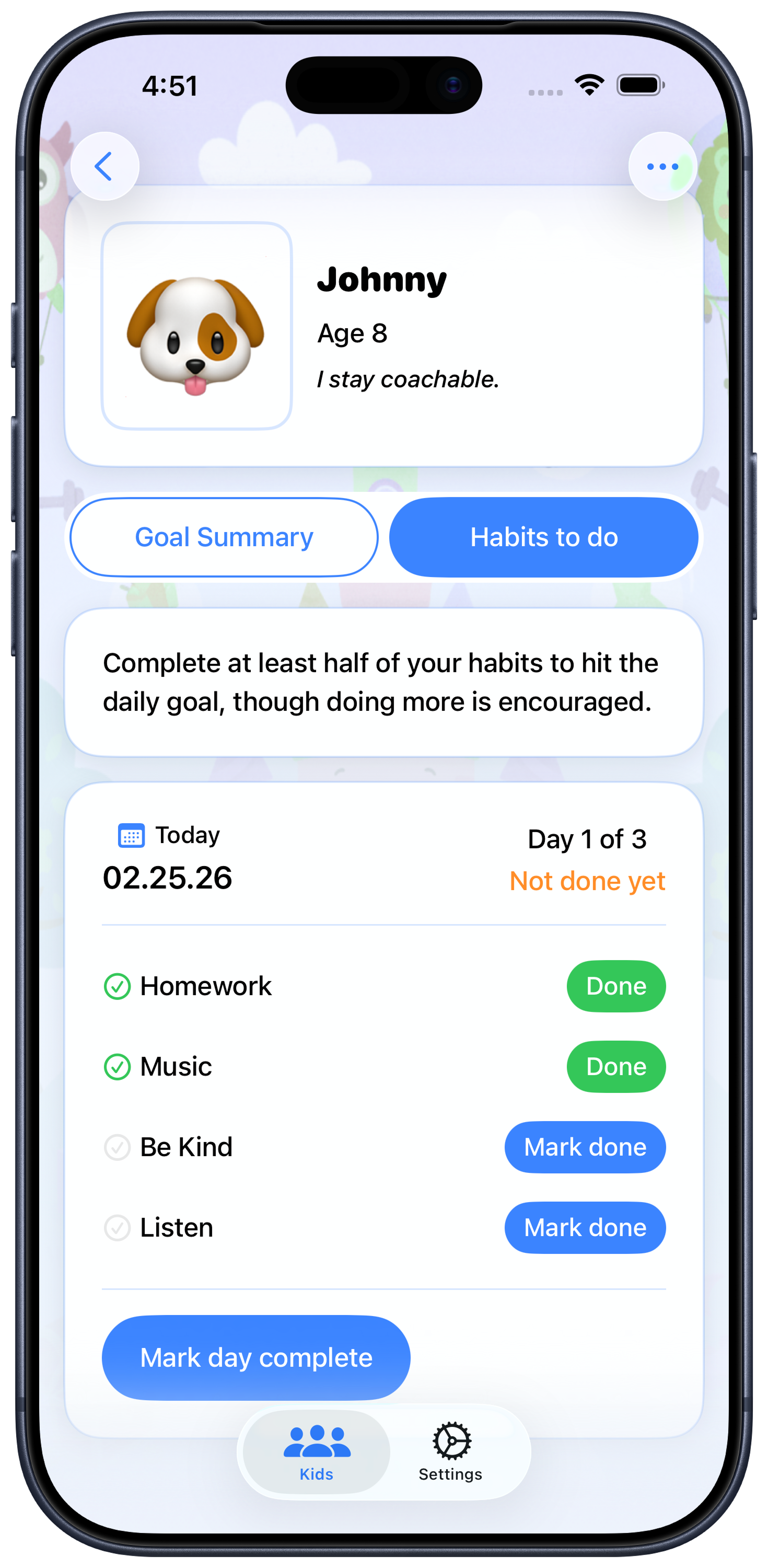 Kidmet daily habits tracking screen