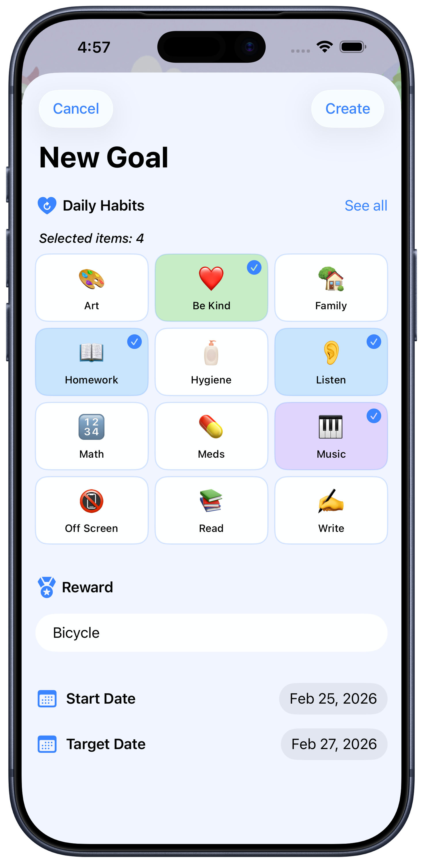 Kidmet goals overview screen